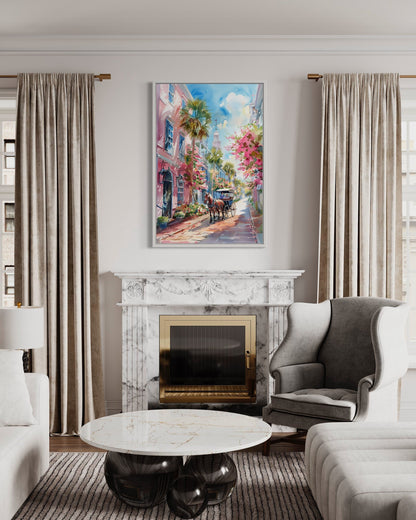Charleston Horse Carriage In The Street Framed Canvas Wall Art