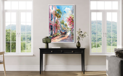 Charleston Horse Carriage In The Street Framed Canvas Wall Art