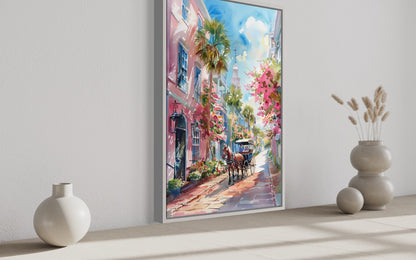 Charleston Horse Carriage In The Street Framed Canvas Wall Art