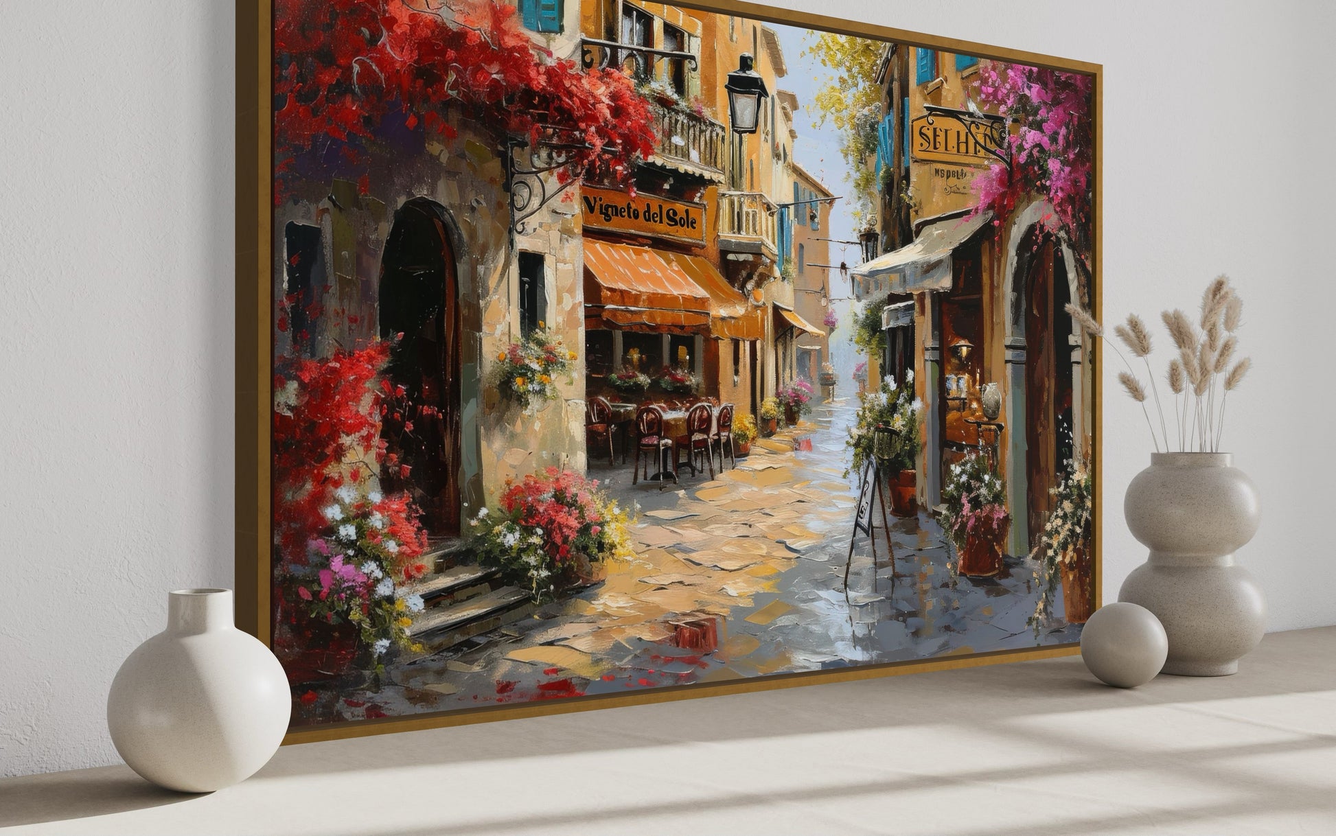 Charming Italian Street With Restaurants Framed Canvas Wall Art