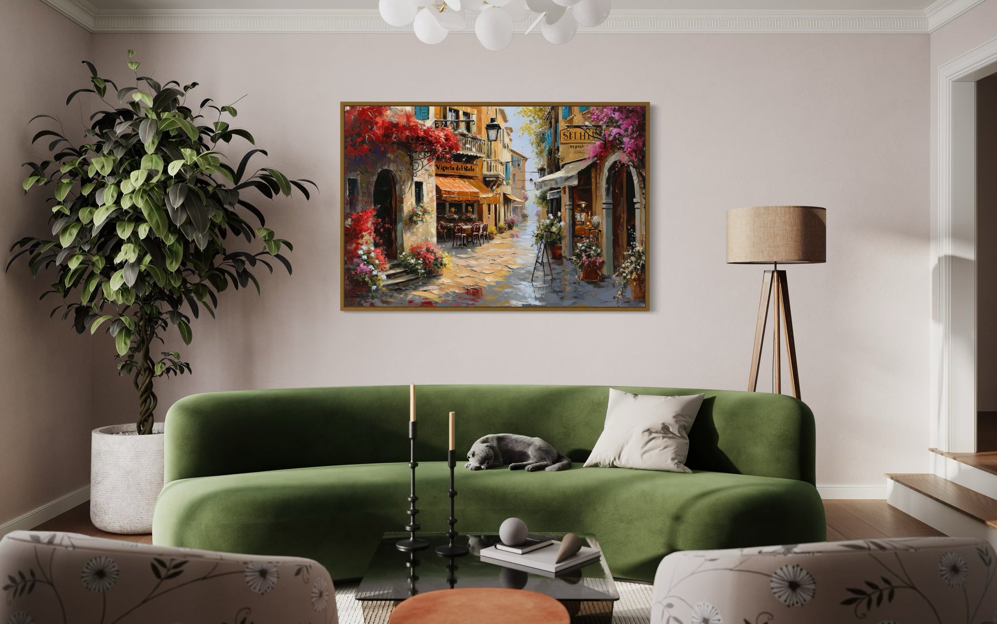 Charming Italian Street With Restaurants Framed Canvas Wall Art