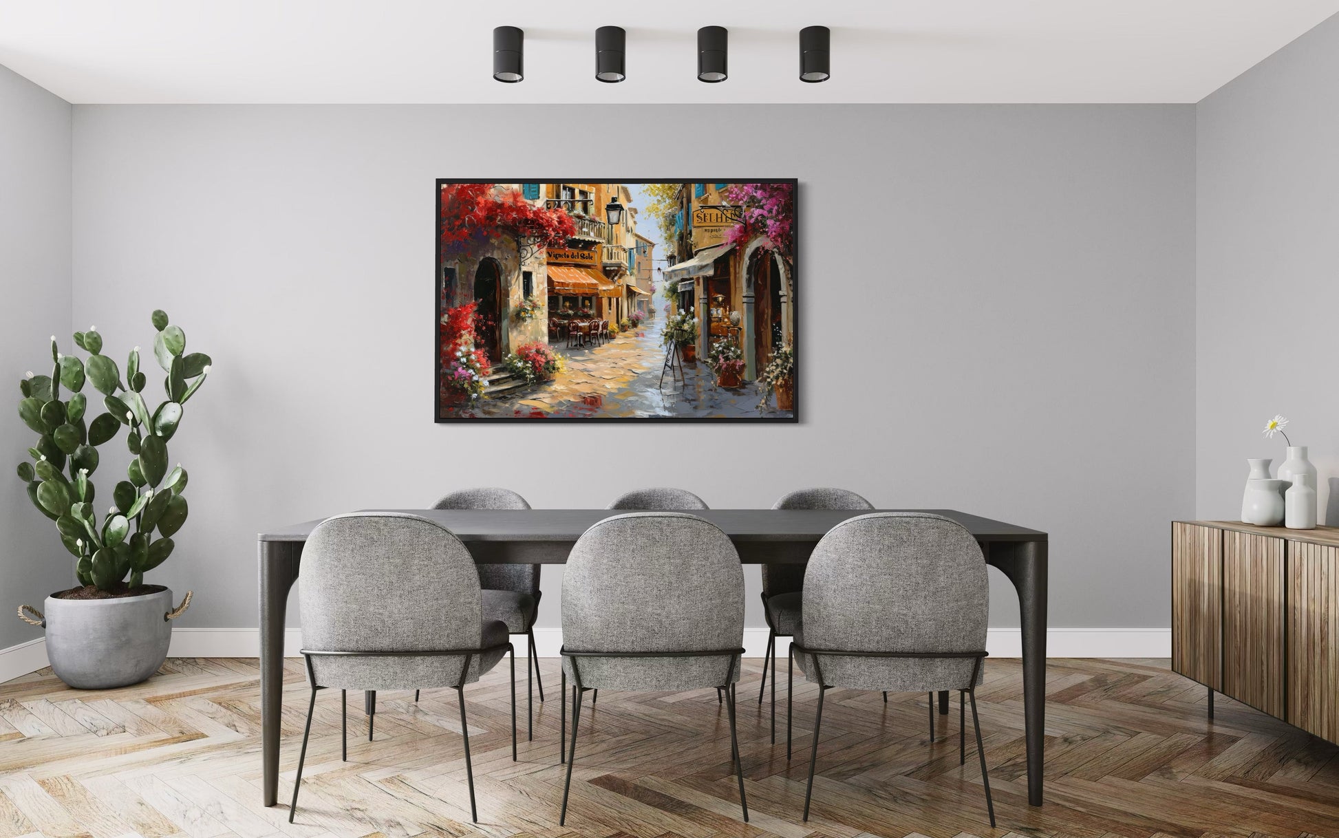 Charming Italian Street With Restaurants Framed Canvas Wall Art