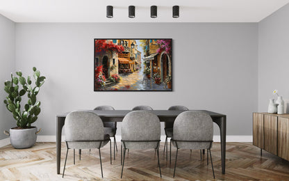 Charming Italian Street With Restaurants Framed Canvas Wall Art