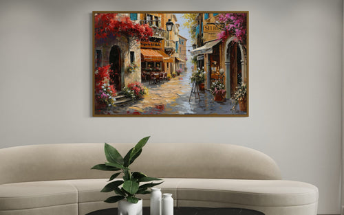 Charming Italian Street With Restaurants Framed Canvas Wall Art