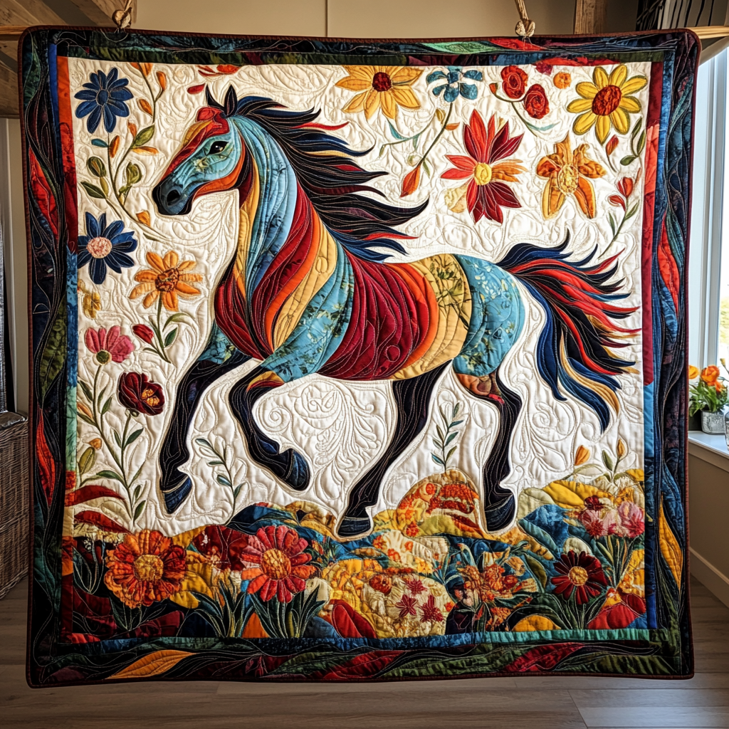 Charming Colorful Horse Quilted Blanket - Throw (55" x 60")