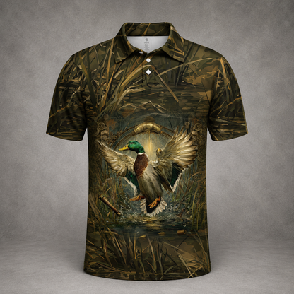 Mallard Duck Hunting Dark Camo Polo Men Shirt