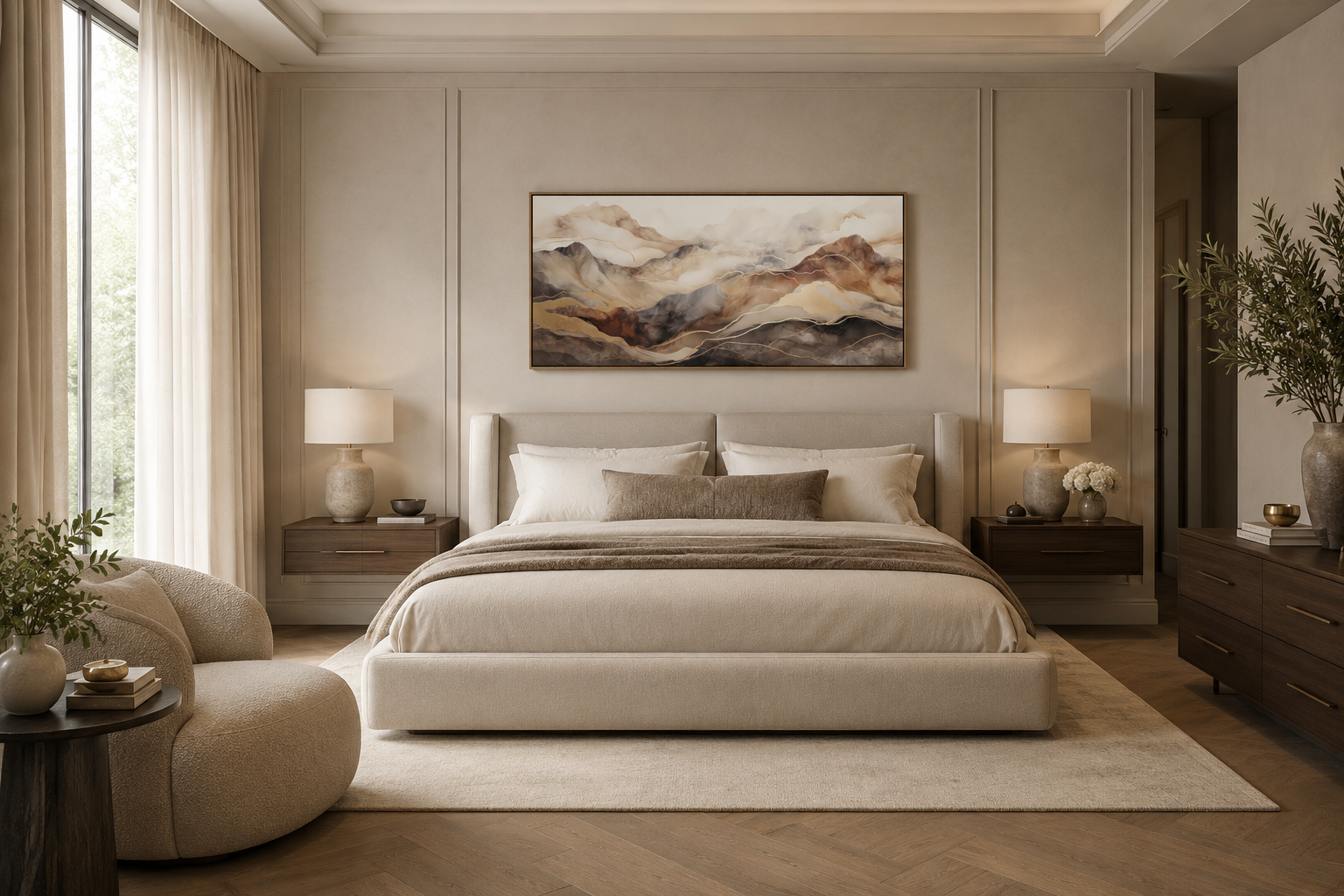 Brown Beige Abstract Marble Mountain Framed Canvas Wall Art