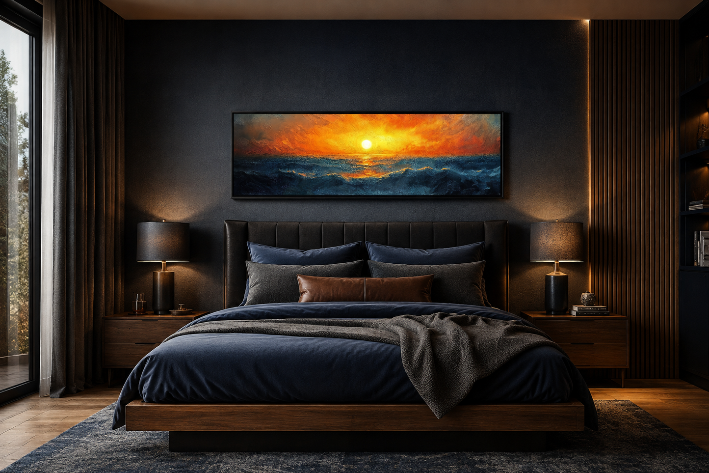 Ocean Sunset Long Horizontal Above Bed Framed Canvas Wall Art