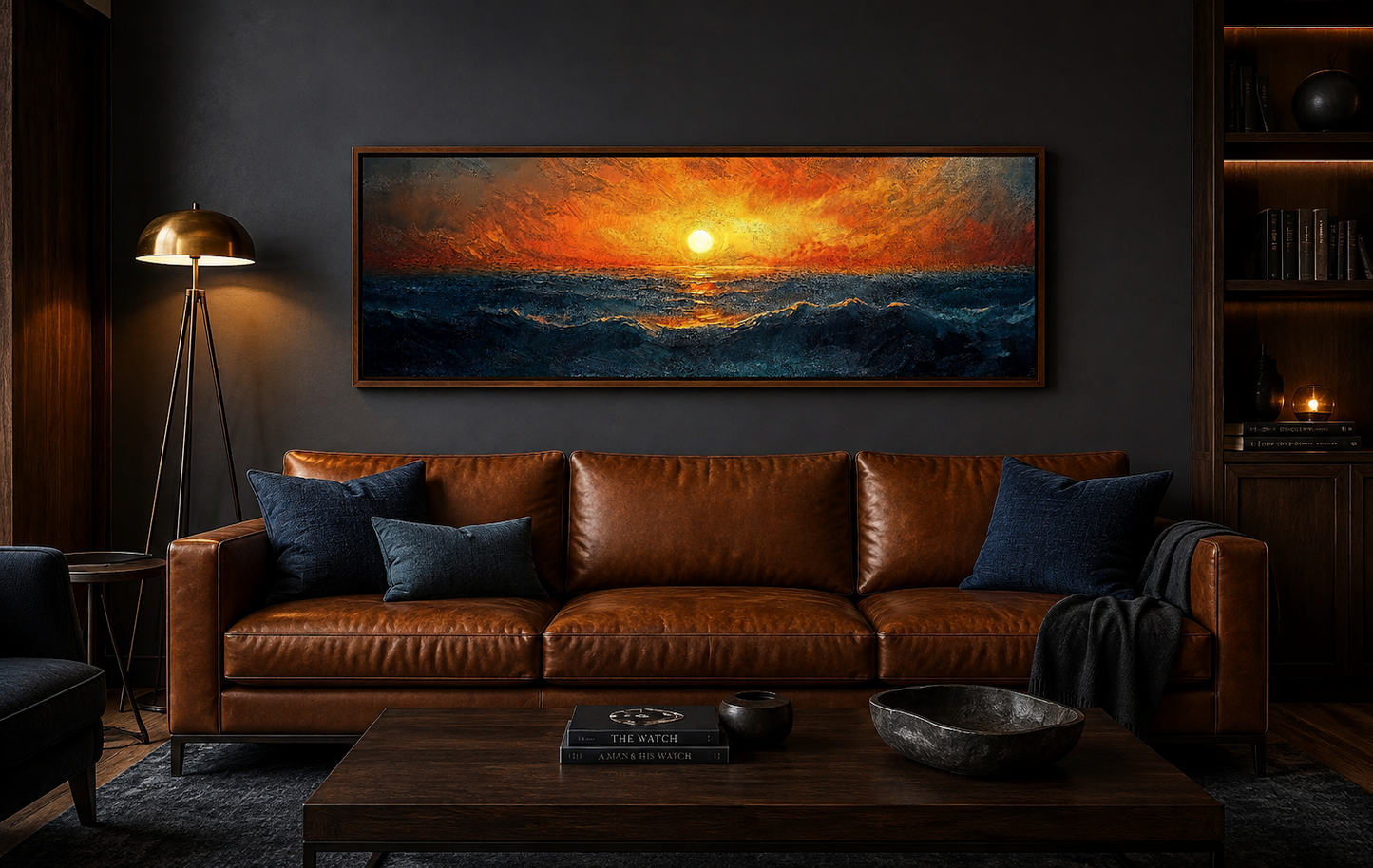 Ocean Sunset Long Horizontal Above Bed Framed Canvas Wall Art