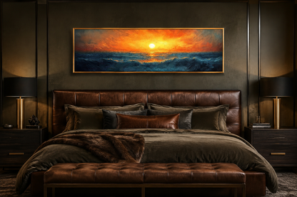 Ocean Sunset Long Horizontal Above Bed Framed Canvas Wall Art