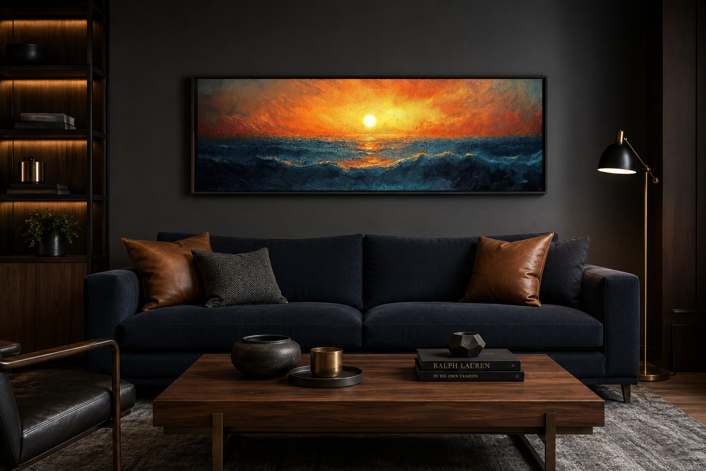 Ocean Sunset Long Horizontal Above Bed Framed Canvas Wall Art