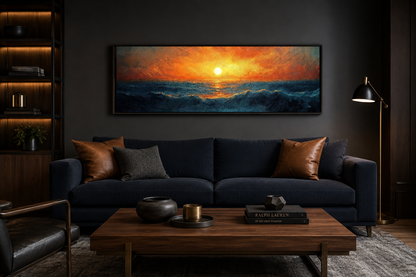 Ocean Sunset Long Horizontal Above Bed Framed Canvas Wall Art