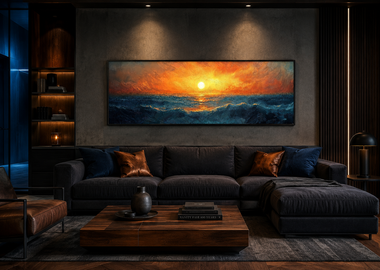 Ocean Sunset Long Horizontal Above Bed Framed Canvas Wall Art