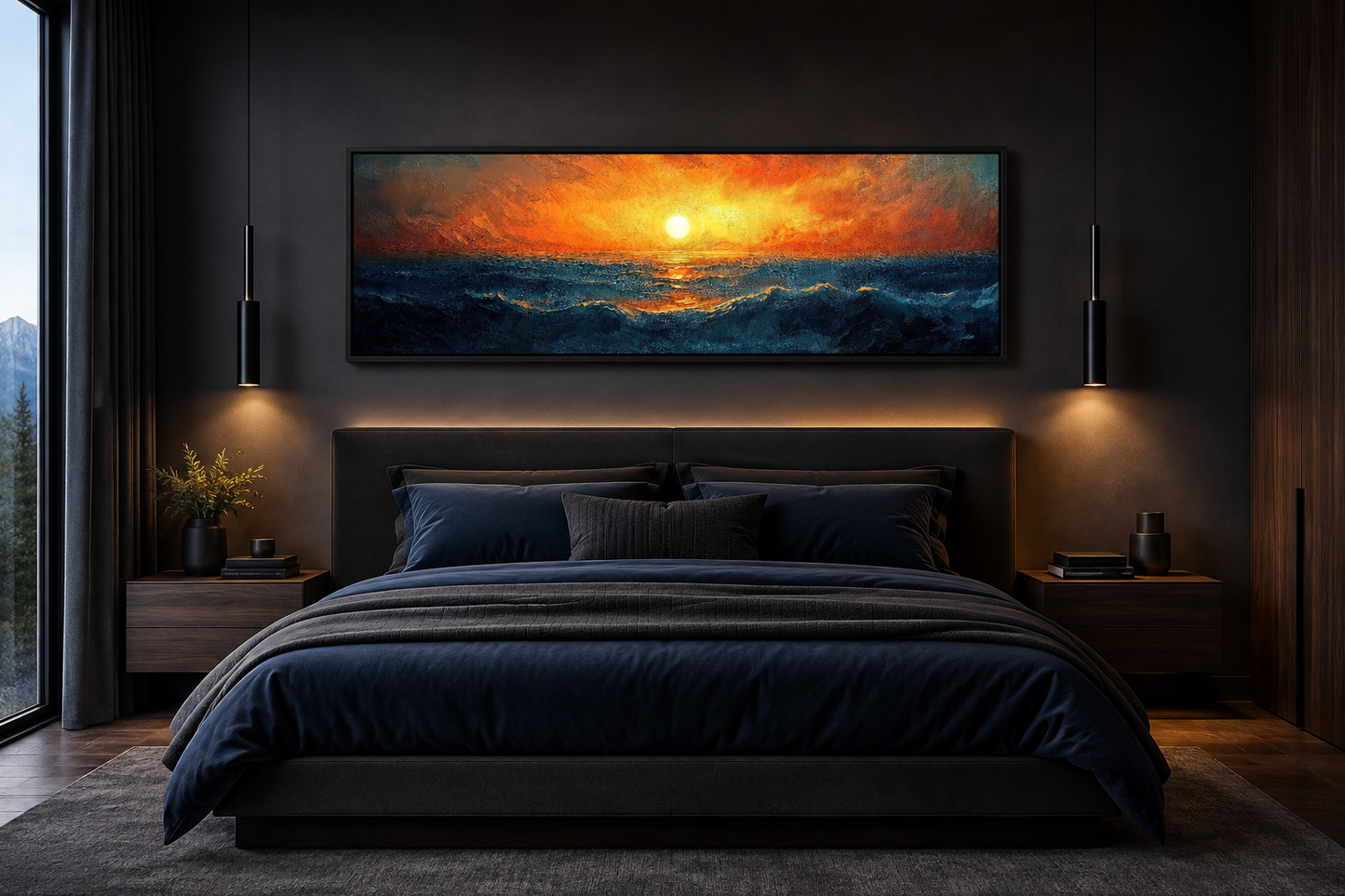 Ocean Sunset Long Horizontal Above Bed Framed Canvas Wall Art