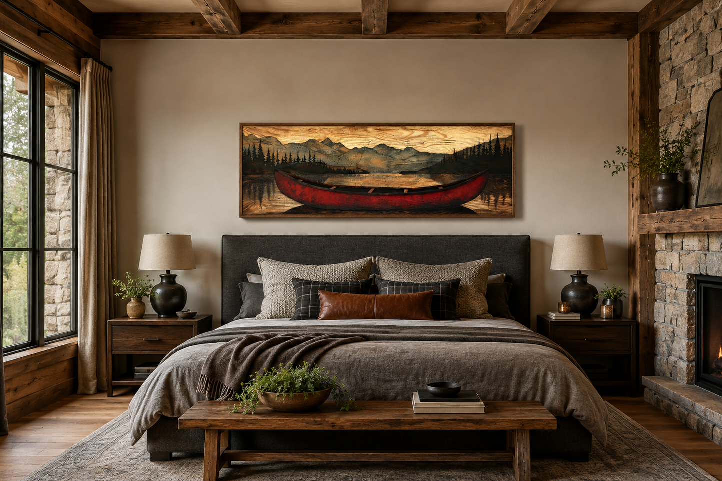 Old Red Canoe Painted On Wood Long Horizontal Framed Canvas Wall Art
