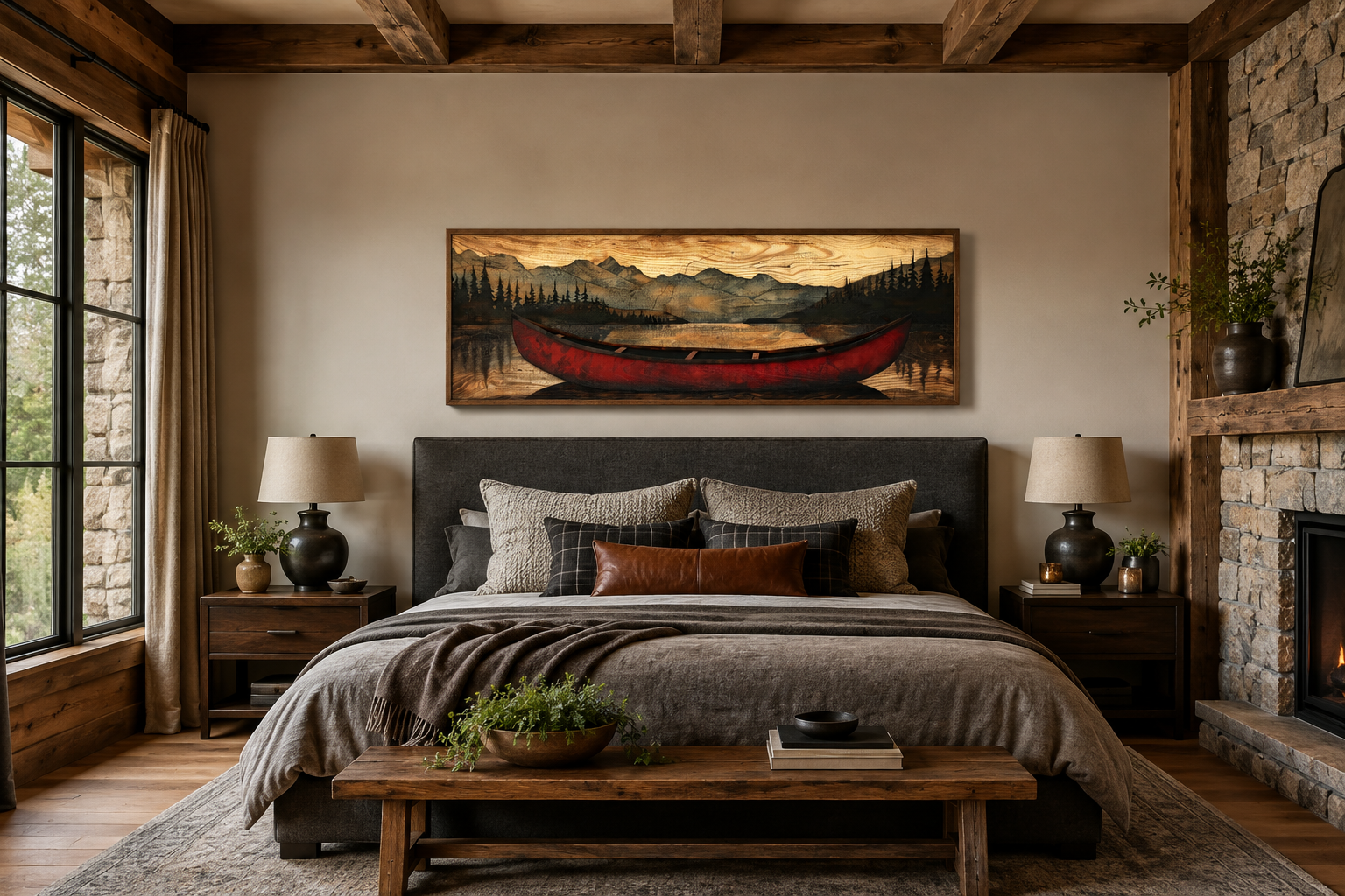 Old Red Canoe Painted On Wood Long Horizontal Framed Canvas Wall Art