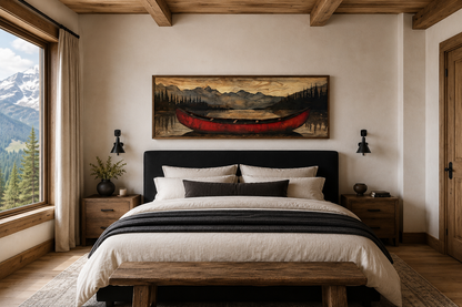 Old Red Canoe Painted On Wood Long Horizontal Framed Canvas Wall Art