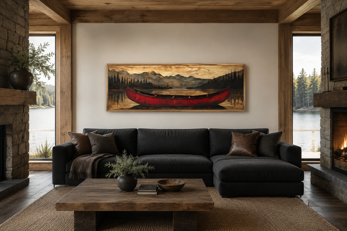 Old Red Canoe Painted On Wood Long Horizontal Framed Canvas Wall Art