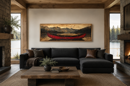 Old Red Canoe Painted On Wood Long Horizontal Framed Canvas Wall Art