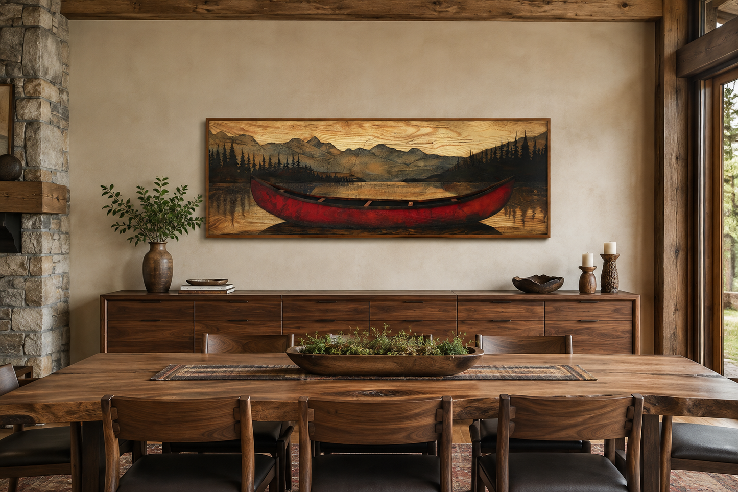 Old Red Canoe Painted On Wood Long Horizontal Framed Canvas Wall Art