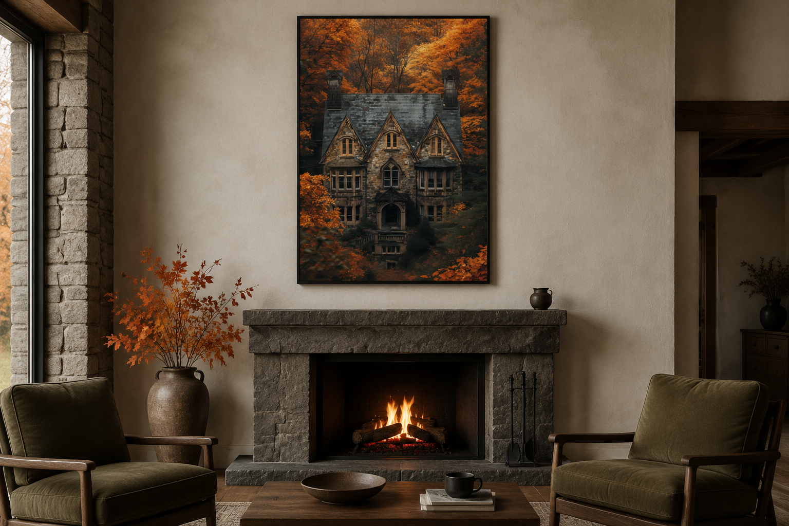 Gothic Haunted House Art – Spooky Autumn Castle Canvas | Dark Academia Decor
