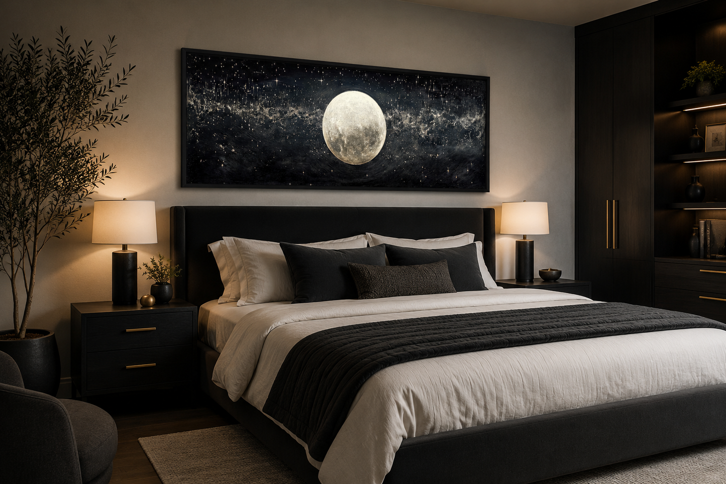 Black and White Moon In Starry Sky Horizontal Above Bed Wall Art