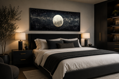 Black and White Moon In Starry Sky Horizontal Above Bed Wall Art