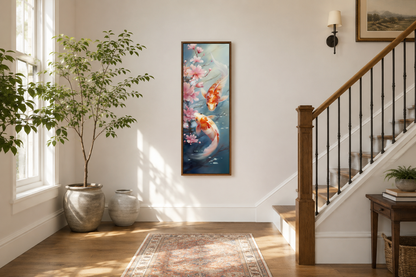 Tall Narrow Zen Koi Fish Vertical Framed Canvas Wall Art