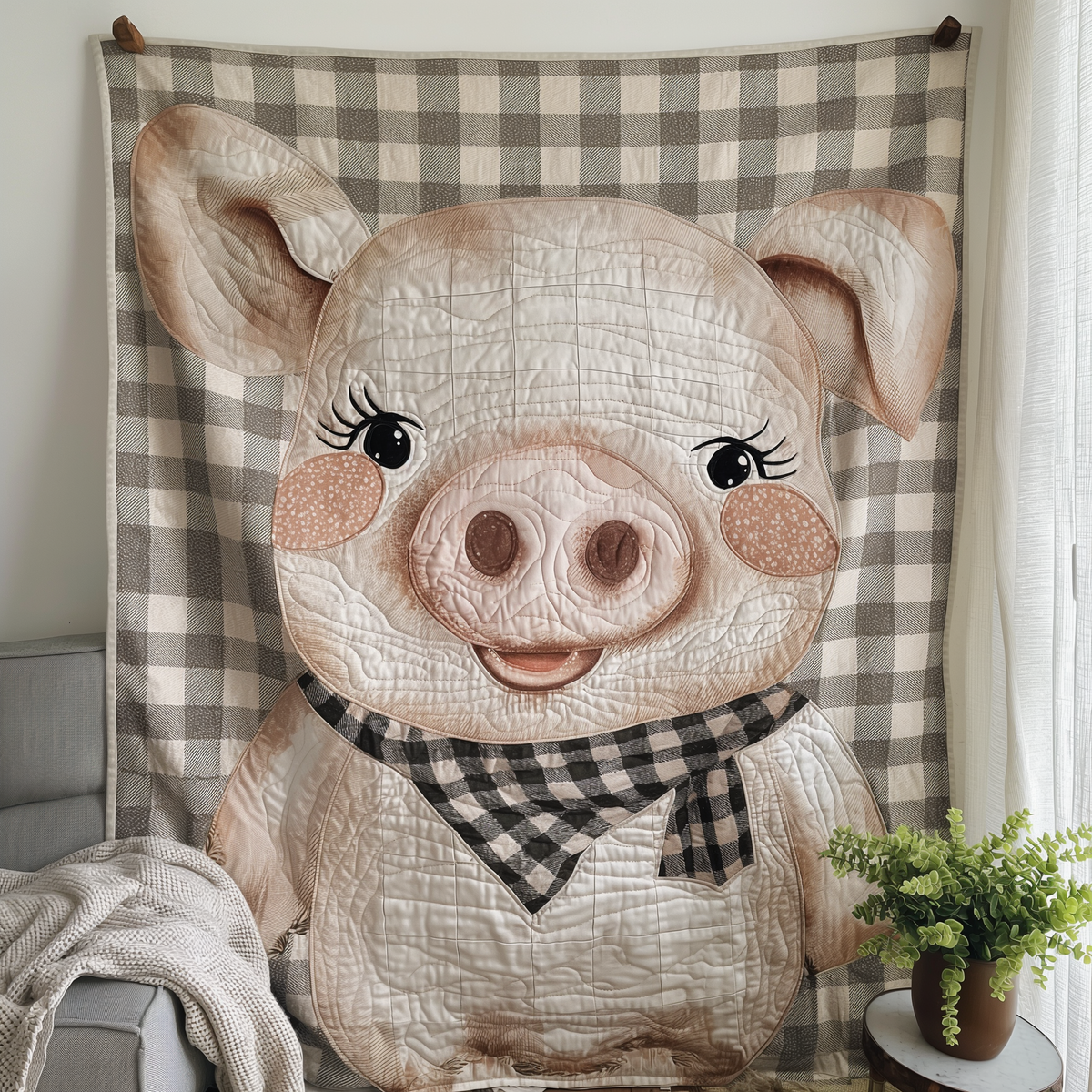 Checkered Scarf Pig Quilted Blanket - Throw (55" x 60")