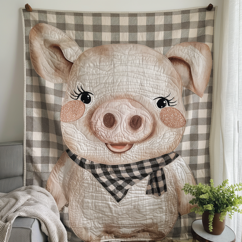 Checkered Scarf Pig Quilted Blanket - Throw (55" x 60")