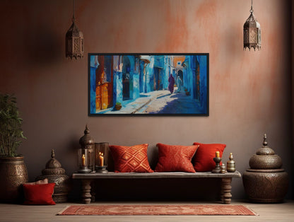 Chefchauen Blue Street Painting Morocco Framed Canvas Wall Art