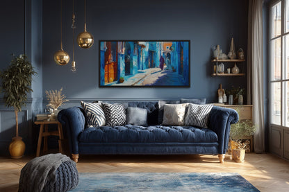 Chefchauen Blue Street Painting Morocco Framed Canvas Wall Art