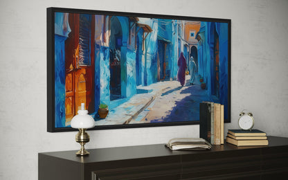 Chefchauen Blue Street Painting Morocco Framed Canvas Wall Art