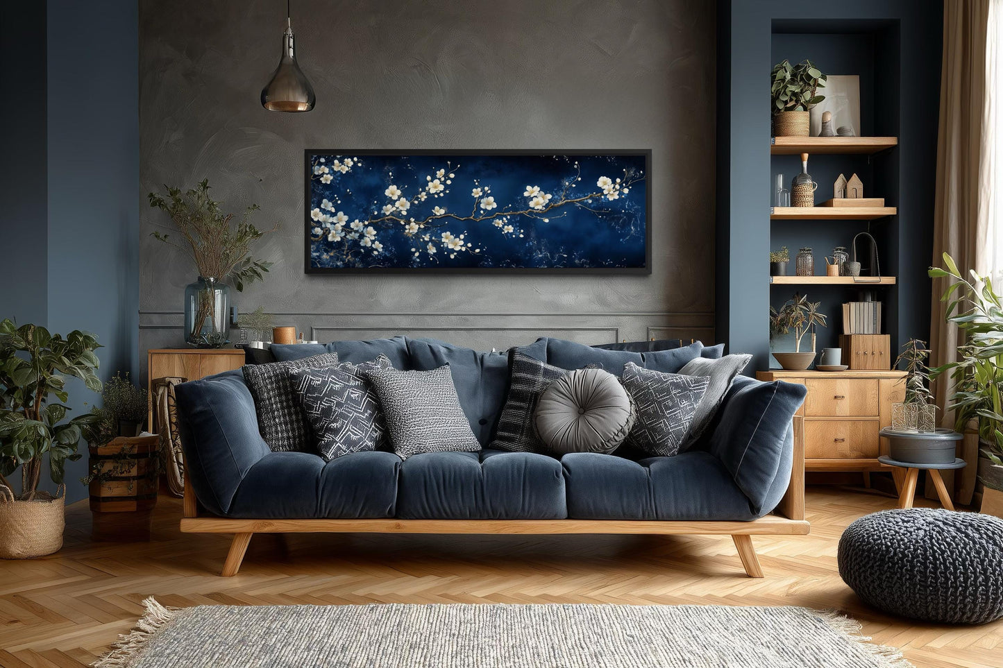 Cherry Blossom Wall Art | Panoramic Floral Canvas Print on Navy Blue for Modern Bedroom Decor