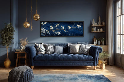 Cherry Blossom Wall Art | Panoramic Floral Canvas Print on Navy Blue for Modern Bedroom Decor