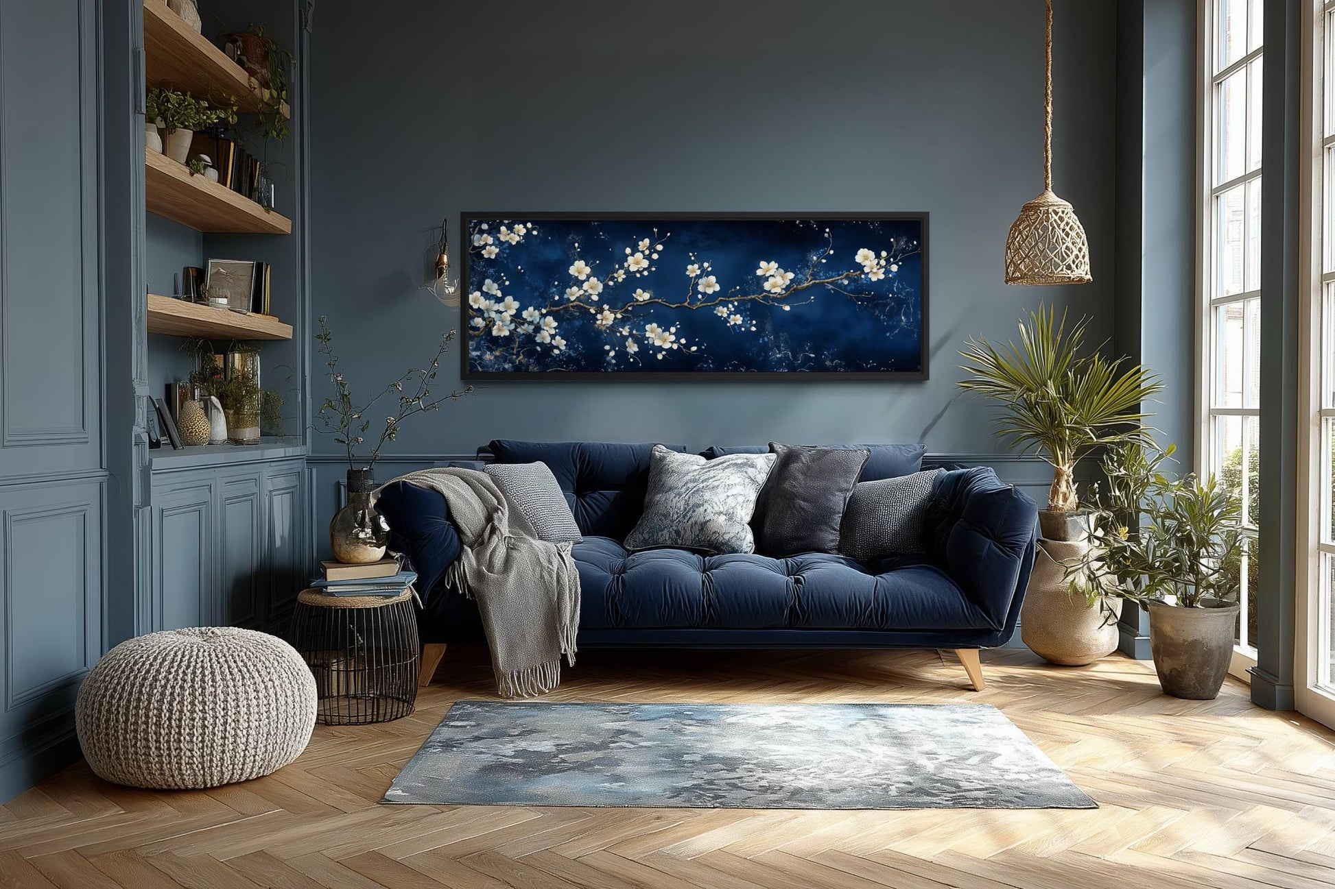 Cherry Blossom Wall Art | Panoramic Floral Canvas Print on Navy Blue for Modern Bedroom Decor