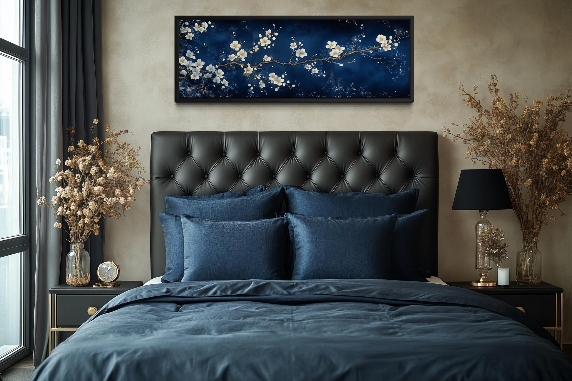 Cherry Blossom Wall Art | Panoramic Floral Canvas Print on Navy Blue for Modern Bedroom Decor