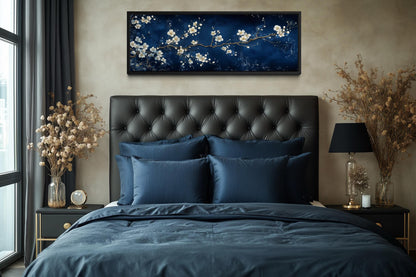 Cherry Blossom Wall Art | Panoramic Floral Canvas Print on Navy Blue for Modern Bedroom Decor