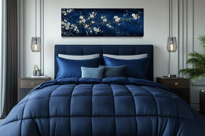 Cherry Blossom Wall Art | Panoramic Floral Canvas Print on Navy Blue for Modern Bedroom Decor