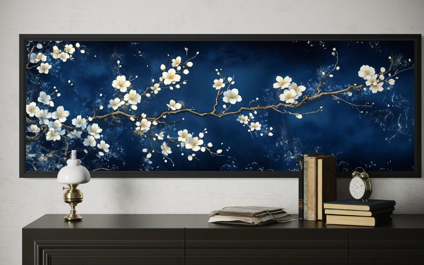 Cherry Blossom Wall Art | Panoramic Floral Canvas Print on Navy Blue for Modern Bedroom Decor