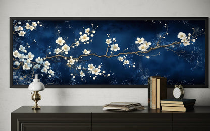 Cherry Blossom Wall Art | Panoramic Floral Canvas Print on Navy Blue for Modern Bedroom Decor