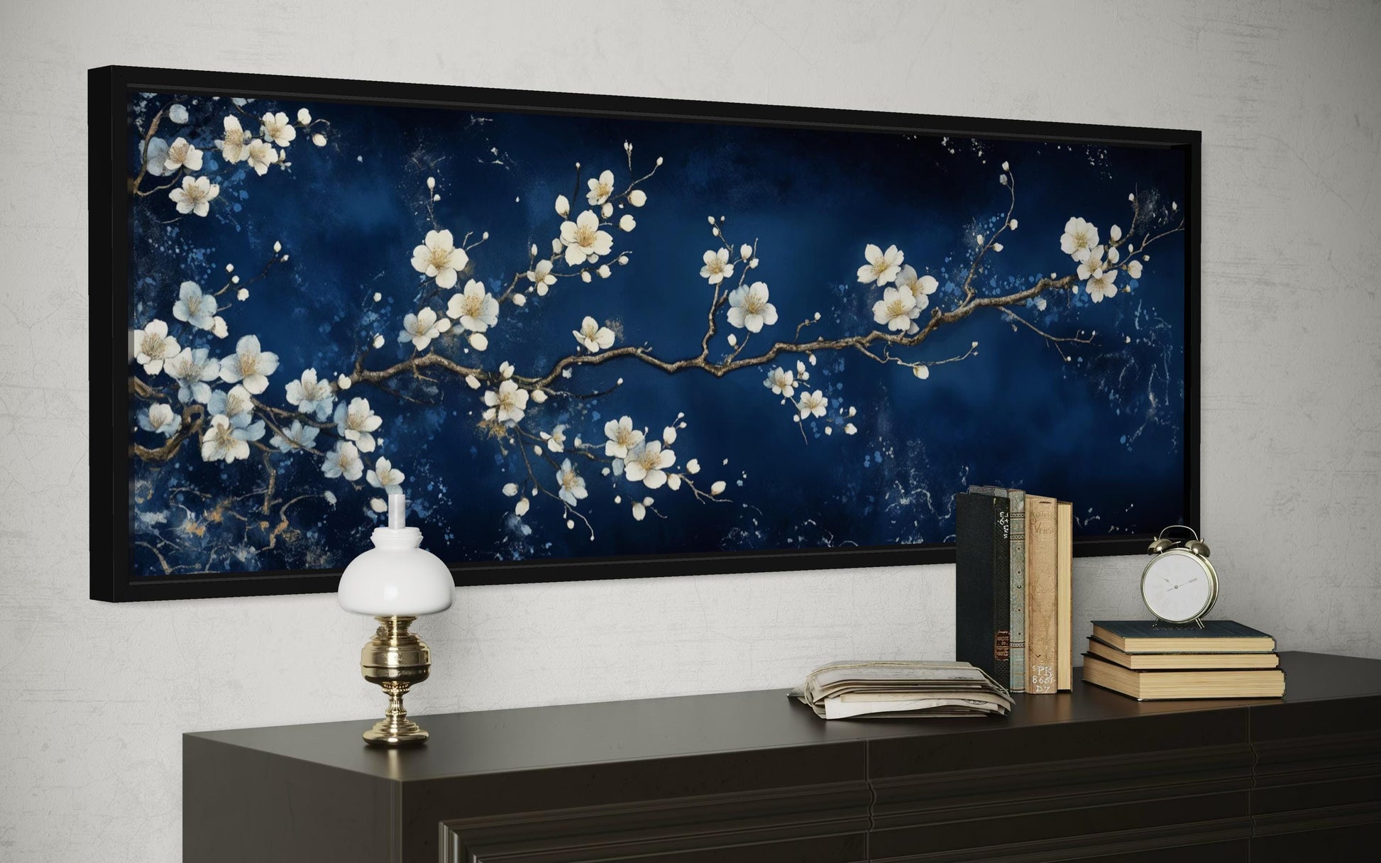 Cherry Blossom Wall Art | Panoramic Floral Canvas Print on Navy Blue for Modern Bedroom Decor