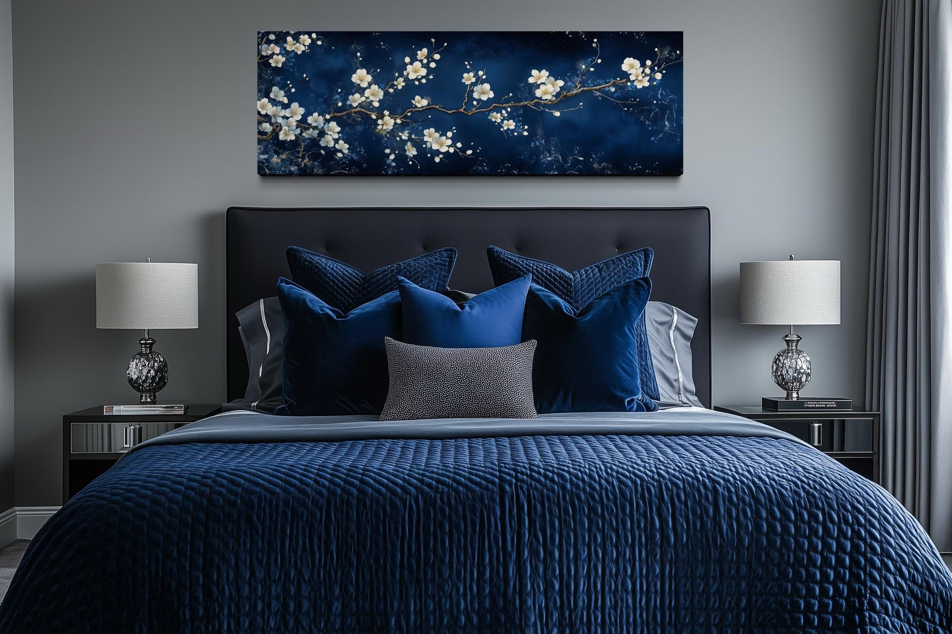 Cherry Blossom Wall Art | Panoramic Floral Canvas Print on Navy Blue for Modern Bedroom Decor