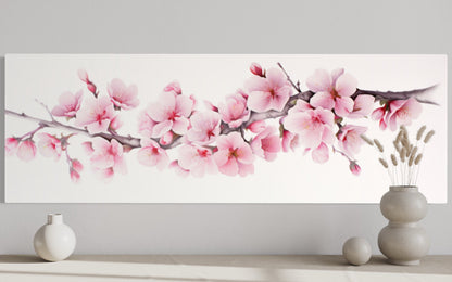 Cherry Blossom Watercolor Painting Long Horizontal Wall Art Above Bed