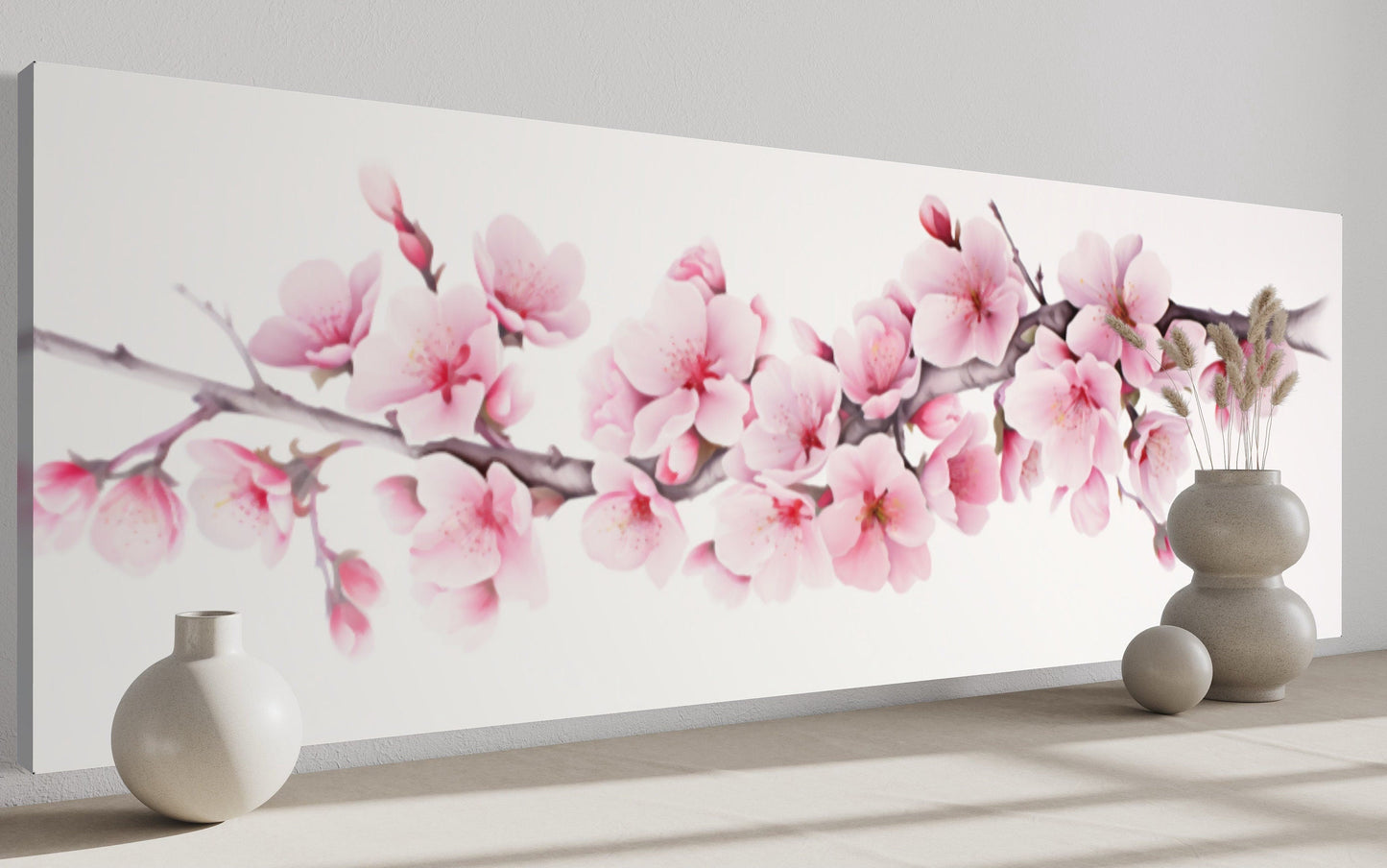 Cherry Blossom Watercolor Painting Long Horizontal Wall Art Above Bed