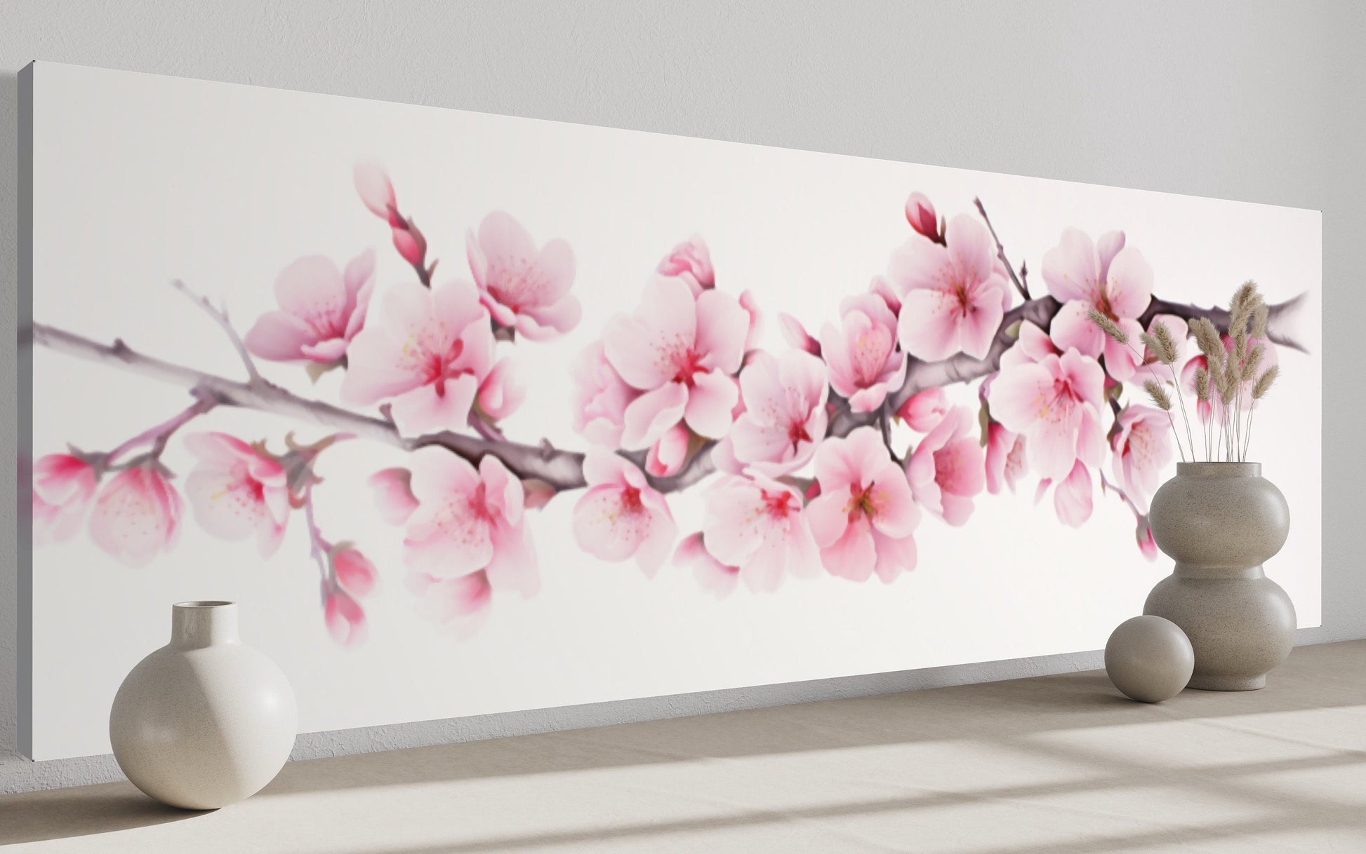 Cherry Blossom Watercolor Painting Long Horizontal Wall Art Above Bed