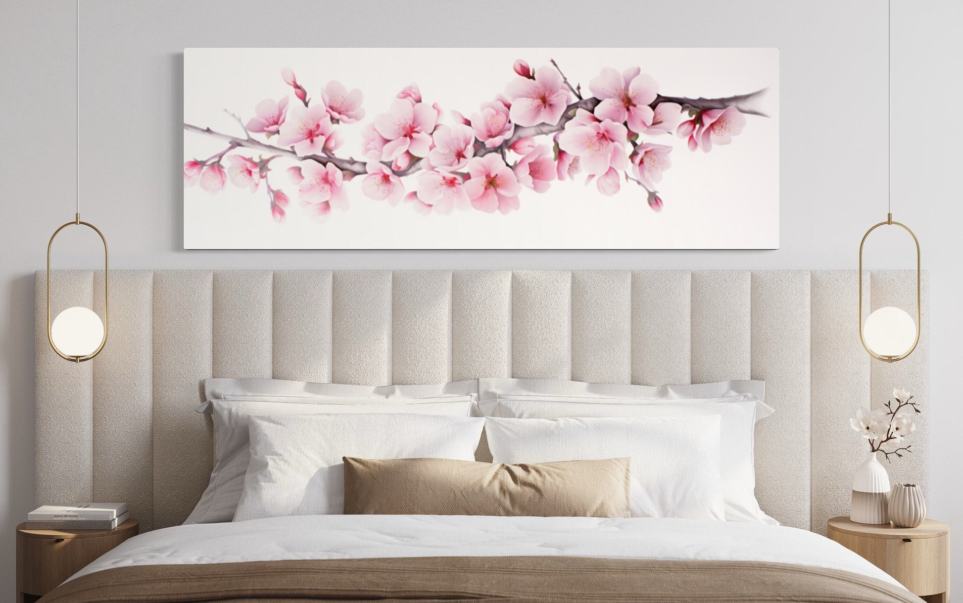 Cherry Blossom Watercolor Painting Long Horizontal Wall Art Above Bed