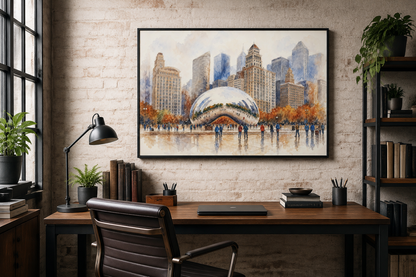 Chicago Cloud Gate The Bean Watercolor Framed Canvas Wall Art