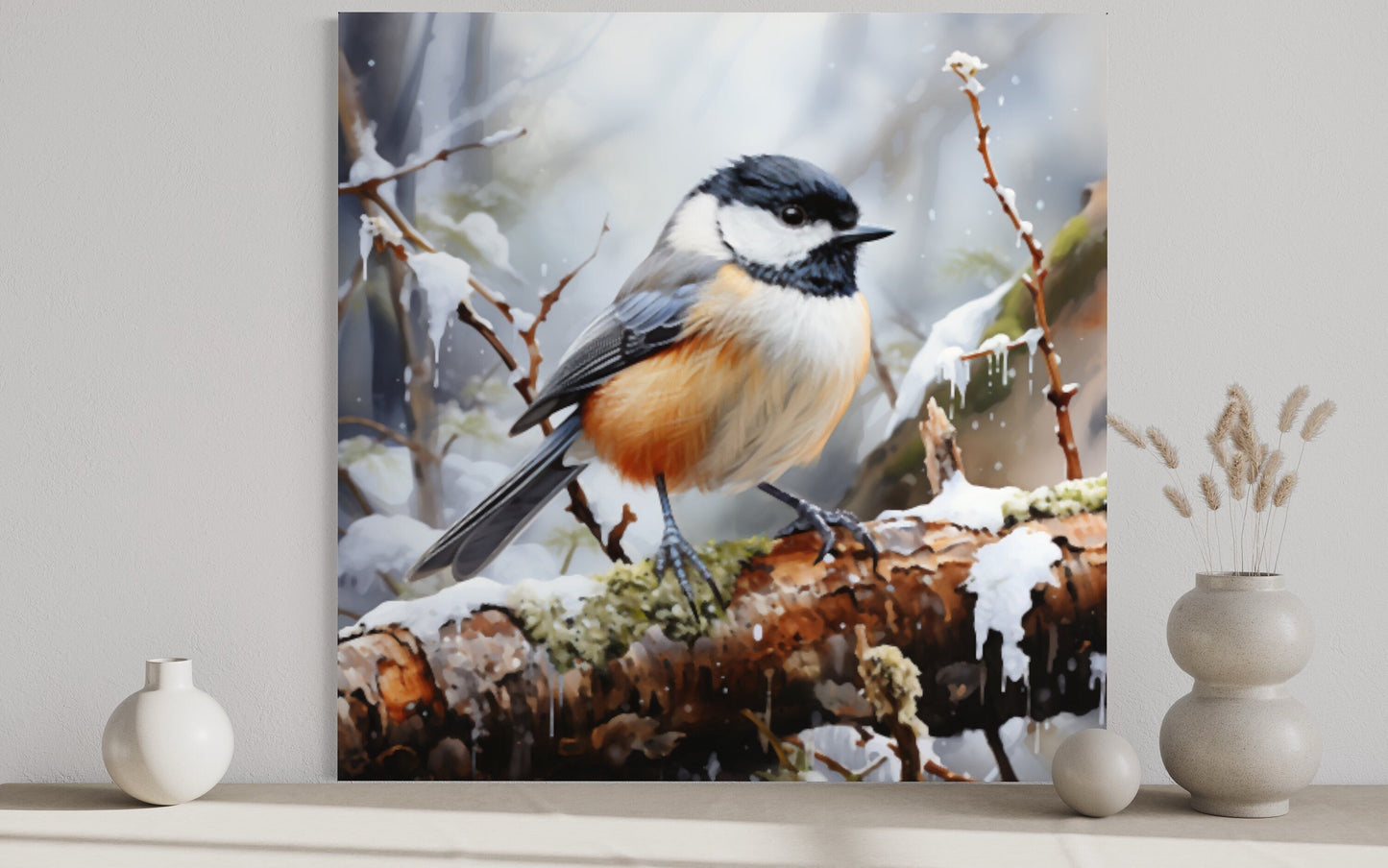 Chickadee In Snow Framed Canvas Wall Art