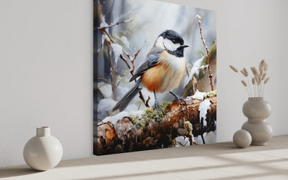Chickadee In Snow Framed Canvas Wall Art